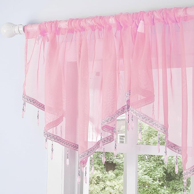 Molaxhome Swag Curtain 51 inch Length Rod Pocket Scalloped Curtain Valance Sheer Lace Panels with Hanging Crystal Beads for Kitchen Bedroom Window Treatments Drape Decor 1pc (Pink, 51Wx23L)