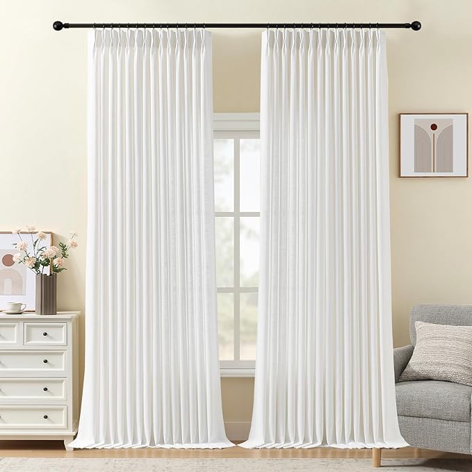 IVAPUPU Snow White Pinch Pleated Curtains 108 Inch Long for Living Room, Light Filtering Semi Sheer Pleat Curtain with Hooks Rings Memory Trained Back Tab Drapes for Bedroom Office, 40W, 2 Panels
