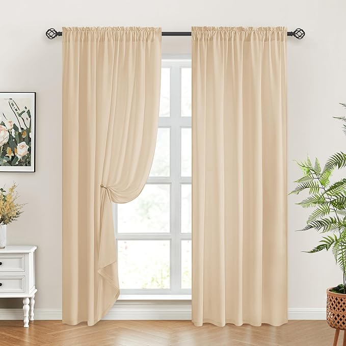 HOMEIDEAS Non-See-Through Beige Privacy Sheer Curtains, 52 X 96 Inches Long 2 Panels Taupe Sheer Curtains Light Filtering Window Drapes for Bedroom Living Room