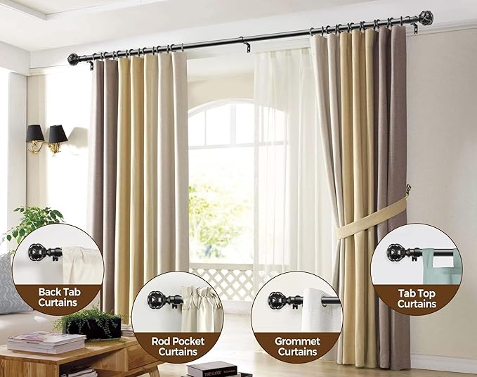 KAMANINA Black Curtain Rod for Windows 72 to 144 Inches (6-12ft) Long Heavy Duty Curtain Rods, 7/8 Inch Adjustable Drapery Rods with Decorative Netted Texture Finials