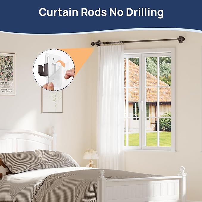 ENJOYBASICS No Drill Curtain Rods for Window 28 to 60 Inches, 5/8 Inch Diameter Renter Friendly Drapery Rod with Adhesive Brackets without Drilling, Adjustable from 27 to 65 Inches, Bronze