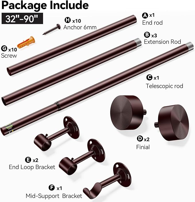 YaFex Heavy Duty Curtain Rods 32-90Inch, 1 Inch Adjustable Bronze Curtain Rod for Windows, Long Window Treatment Rods with Aluminium Finials, Easy Installation