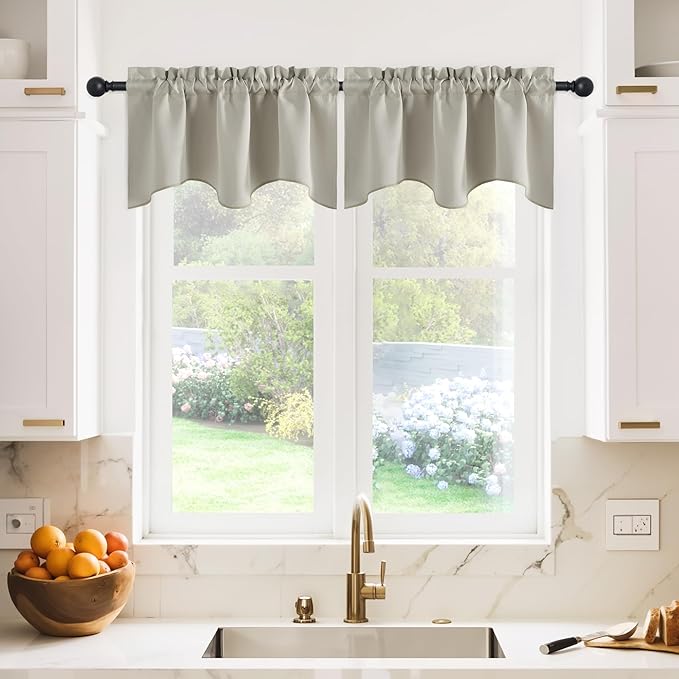 NICETOWN Small Window Curtain Valance - Farmhouse 42 inches by 18 inches Thermal Insulated Scalloped Rod Pocket Valance for Boy Bedroom/Living Room/Kitchen Window Decor, Natural, 1 Panel