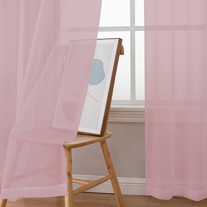 Chyhomenyc Sheer Valance Tiers Curtains 2 Panels, Elegant Light Filtering Rod Pocket Voile Window Treatment Drapes for Living Room Bedroom Bathroom Farmhouse Patio Wedding, 42Wx96L, Blush Pink