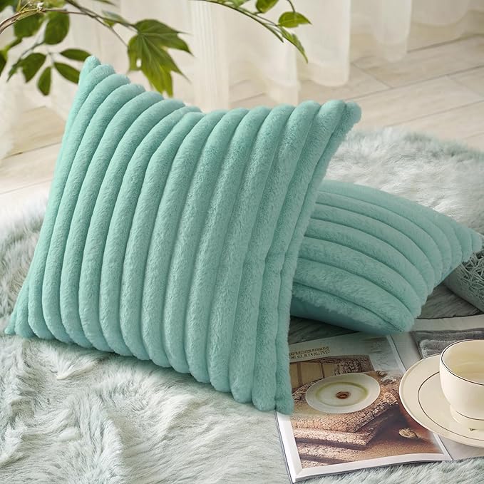 decorUhome Summer Cozy Faux Fur Throw Pillow Covers 24x24 Set of 2 Decorative Soft Plush Striped Modern Farmhouse Boho Couch Euro Sham Pillow Cases with Velvet Back for Sofa Bed Living Room, Aqua
