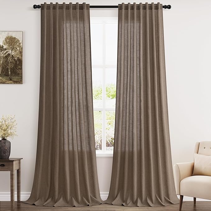 Light Brown Linen Curtains 120 Inch Extra Long for Living Room Back Tab Light Filtering Semi Sheer Drapes Modern Farmhouse Boho Decor Cotton Textured Curtain for Floor to Ceiling High Window 52x120