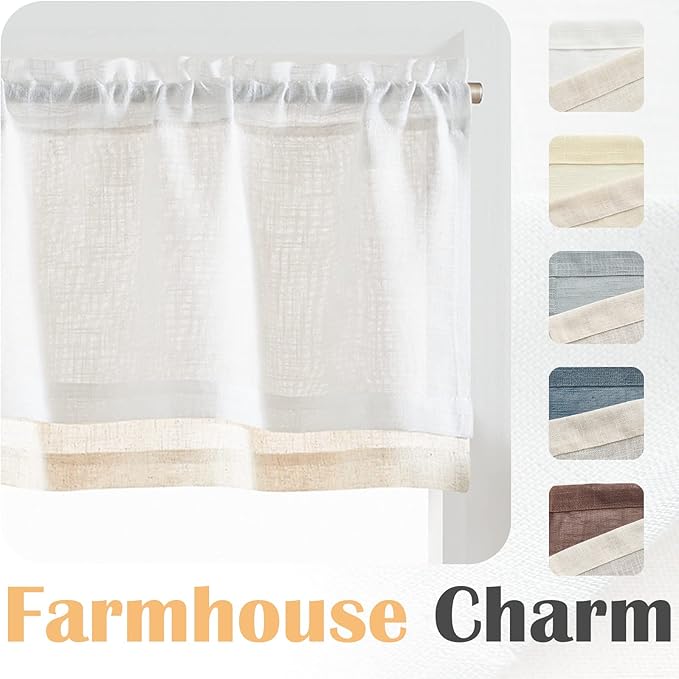 jinchan Linen Valance for Farmhouse Living Room Windows 16 Inch Slubbed Crossed Double Layer Window Valance Light Filtering Rustic Country Overlay Rod Pocket 1 Panel White