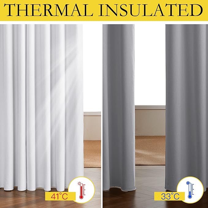NICETOWN 100% Absolutely Blackout Linen Curtains with Thermal Insulated White Liner, White, 42 inches Wide, 84 inches Length Energy Saving Curtains for Living Room 2 Panels Set, Vertical Blinds