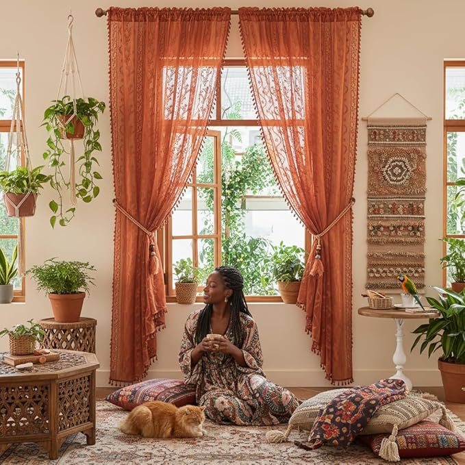 WAZZIO Boho Lace Curtains 63 Inch 2 Panels-Vintage Sheer Panel Drape Floral Pattern & Tassel Light Filtering Privacy for Bedroom Dining Living Room,Cottage Earthy Full Decor Terracotta,W52 x 63L