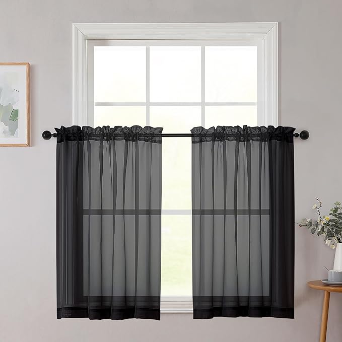 Cafe Curtains 36 Inch Length Tier 2 Pieces, Modern Soft Airy Sheer Kitchen Short Curtains for Small Window, Rod Pocket Small Curtain for Bathroom Basement, Black, Each, 42" Wx36 L Inches