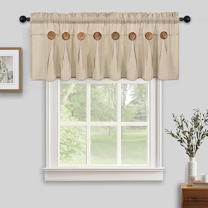 FRAMICS Farmhouse Valance Curtains, Boho Cotton Linen Kitchen Valance, Rustic Button Window Valances for Kitchen Bathroom Bedroom, Country Rod Pocket Valances for Windows, Linen Color, 52 x 18 Inch