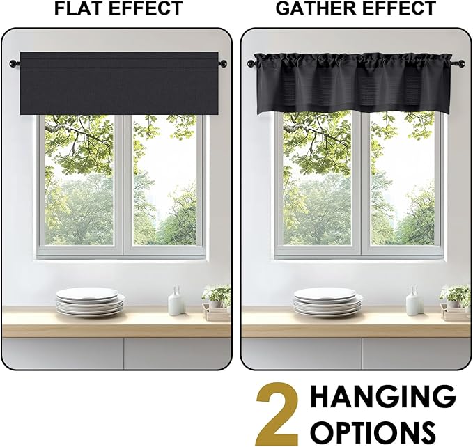 OWENIE Bob 1 PCS Black Valances for Windows, Faux Linen Textured Kitchen Window Curtains Valance for Bedroom Living Room, Modern Soft Airy Solid Rod Pocket Bathroom Cafe Curtain, 60Wx12L Inch