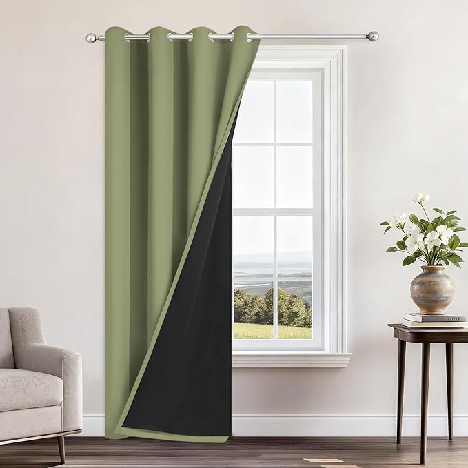 Yakamok 100% Blackout Curtains 96 Inches Long, 2 Thick Layers Heat and Full Light Blocking Soft Thermal Insulated Drapes for Bedroom(52" Wide Each Panel, Sage, 1 Panel)