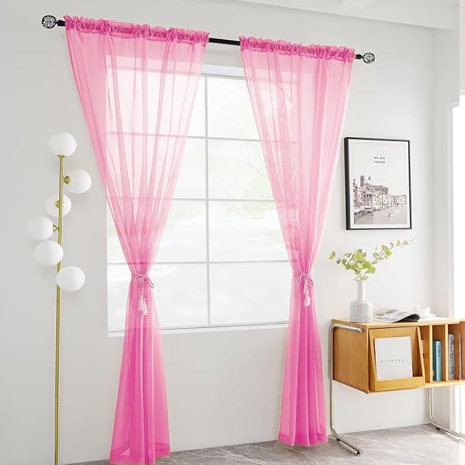 youleyar Solid Sheer Rod Pocket Curtain Voile Draperies 2 Panels White Beige Black Grey Coffee 52 Inch Width 90 Inch Long 1 Pair for Kitchen Bedroom Children Living Room Yard (New Pink,52Wｘ90L)