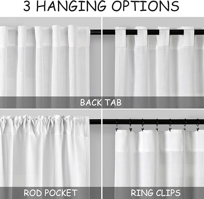 Nanspring White Semi Sheer Linen Curtains 88 Inch Length for Living Room Back Tab Rod Pocket Modern Farmhouse Coastal Decor 2 Panels Set Linen Textured Gauze Curtains for Dining Room Office 52x88