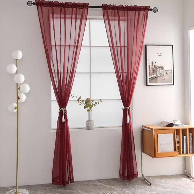 SpaceDresser Basic Rod Pocket Sheer Voile Window Curtain Panels Burgundy 1 Pair 2 Panels 52 Width 84 Inch Long for Kitchen Bedroom Children Living Room Yard(Burgundy,52 W x 84 L)