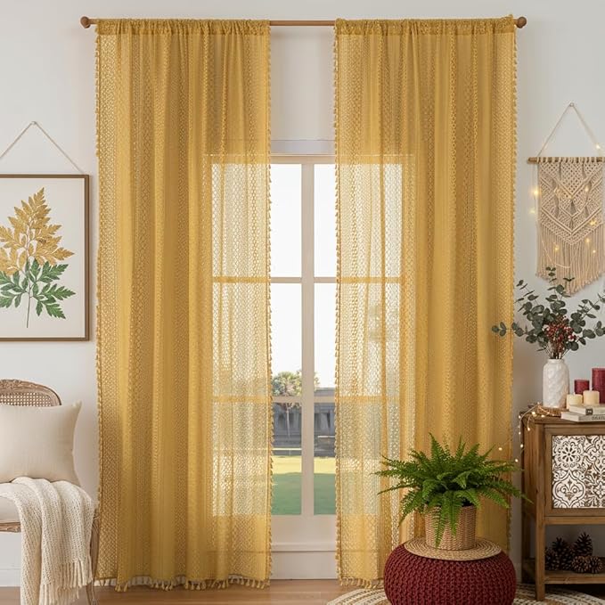 WAZZIO Boho Lace Curtains 84 Inches 2 Panel,Light Filtering Privacy Tassel & Geometry Crochet Semi Sheer Curtain Drapes for Bedroom Living Dining Room,Rod Pocket & Tassel,Mustard Yellow
