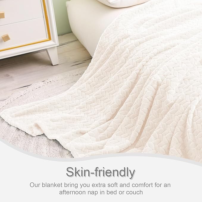 Exclusivo Mezcla Fleece Twin Size Blanket for Bed, 60x80 Inches Soft Cozy Jacquard Flannel Blankets, Lightweight Fuzzy Plush Warm for Women, Off White