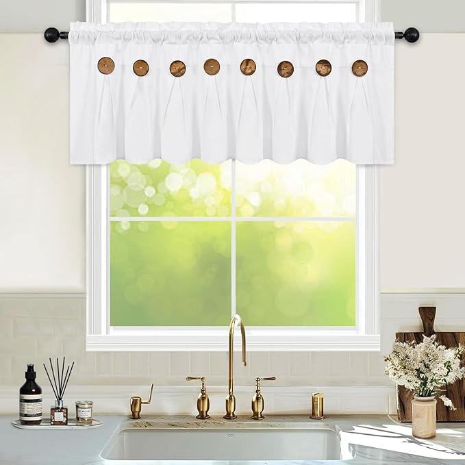 FRAMICS Farmhouse Valance Curtains, Boho Cotton Linen Kitchen Valance, White Rustic Button Window Valances for Kitchen Bathroom Bedroom, Country Rod Pocket Valances for Windows, White, 52 x 18 Inch