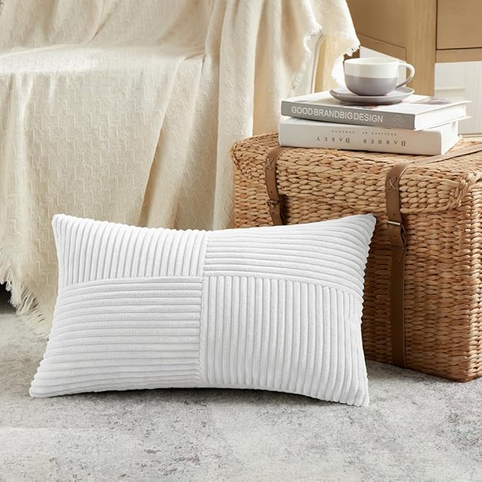 Fancy Homi 2 Packs White Lumbar Decorative Throw Pillow Covers 14x24 Inch for Couch Bed Sofa, Rustic Farmhouse Boho Home Decor, Soft Striped Corduroy Rectangle Accent Cushion Case 35x60 cm