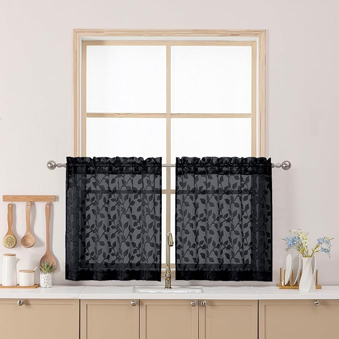 Chyhomenyc Black Sheer Curtains 24 Inch Length, Light Filtering Leaf Tufted Textured Small Window Kitchen Curtain Over Sink, Short Half Window Curtains for Bathroom Basement, 30" Wx24 L, 2 Panels