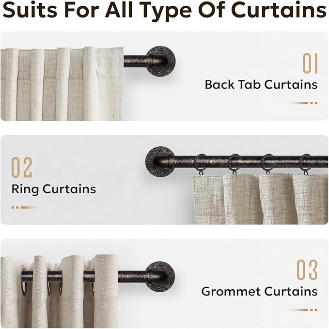 Zeerobee Curtain Rods for Windows 48 to 84, 1 Inch Industrial Wrap Around Vintage Bronze Curtain Rod, Indoor/Outdoor Room Divider Adjustable Drapery Pole, 48"-86"