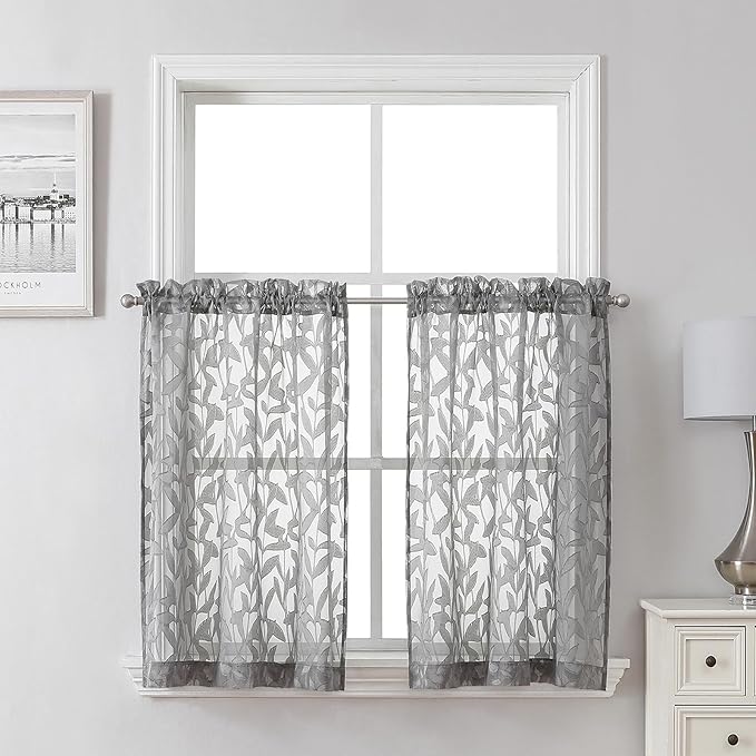 Lecloud Leia Charcoal Grey Sheer Kitchen Curtains 30 Inch Length 2 Pcs, Leaf Textured Voile Classic Jacquard Tiers, Dual Rod Pocket Window Treatments for Bedroom Living Room, Each Panel 28" W x 30" L