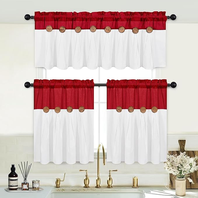 FRAMICS Farmhouse Kitchen Curtains 24 Inch Length, Rustic Cotton Linen Tier Curtain, Boho Button Short Curtains for Windows, Red Country Cafe Drapes, Rod Pocket, Red and White, 26x24