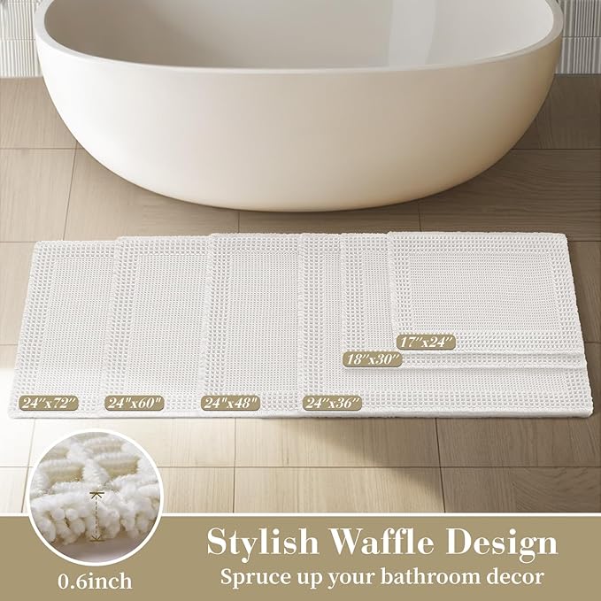 RESARE Waffle Bathroom Runner Rugs, Super Absorbent Bath Mat Non Slip Washable Quick Dry, Ultra Soft Quick Dry Boho Bath Rugs with Tassels for Hallway Bedroom Laundry Room, 2'x6'(24"x72"), White