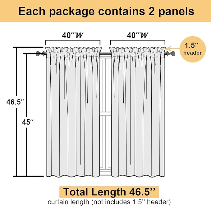 Lecloud Grey Sheer Curtains 45 Inch Long 2 Panels, Short Voile Drapes for Dinning Small Windows, Light Filtering Voile Curtain for Living Room Bedroom Bathroom, Dual Rod Pocket, 40" Wx45 L