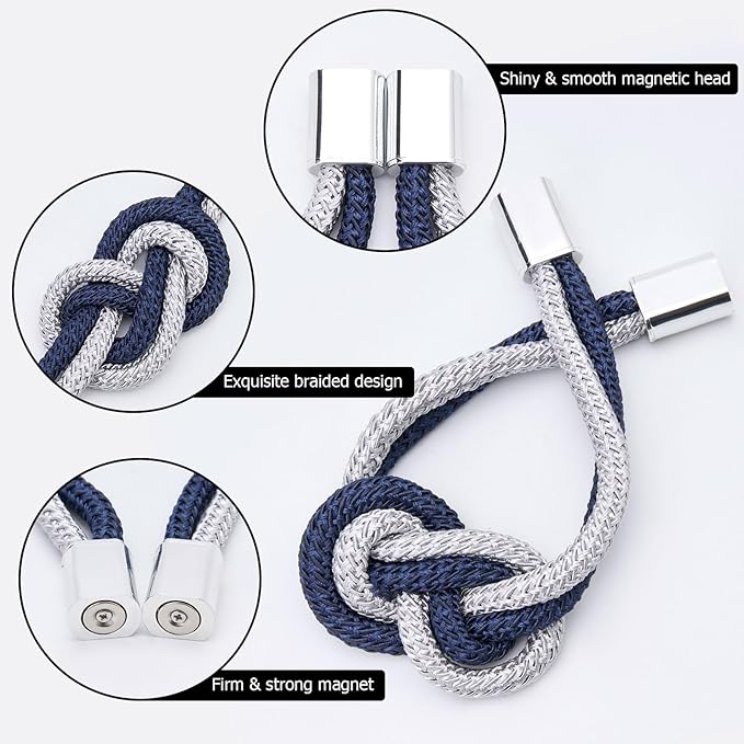 NICEEC 2 Pack Mini Magnetic Curtain Tiebacks Nordic Simple Style Drape Tie Backs Elegant Hand Weave Rope Knot Decorative Curtain Holdbacks for Home & Office Thin Window Drapery (Dark Blue & Grey)