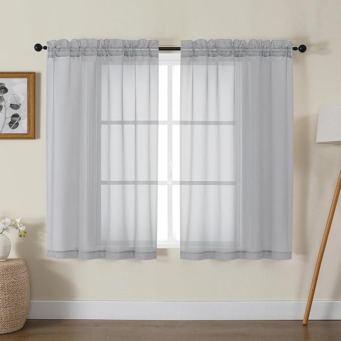 Gwine Light Grey Sheer Kitchen Curtains 36 Inch Length, Light Filtering Voile Soft Airy Small Cafe Curtains, Short Window Curtain for Bathroom Basement, 42x36 inch, 2PCS