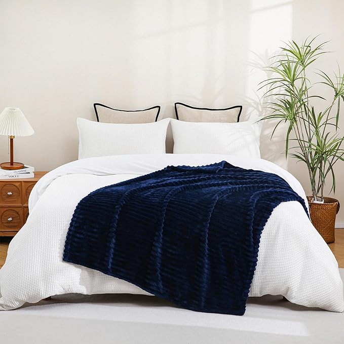 Navy Blue Fleece Throw Blanket 50”×60” for Couch Sofa Bed,Super Soft Cozy Plush Microfiber Flannel Blanket with Stripes Design Lightweight for Adults,Woman,Girls