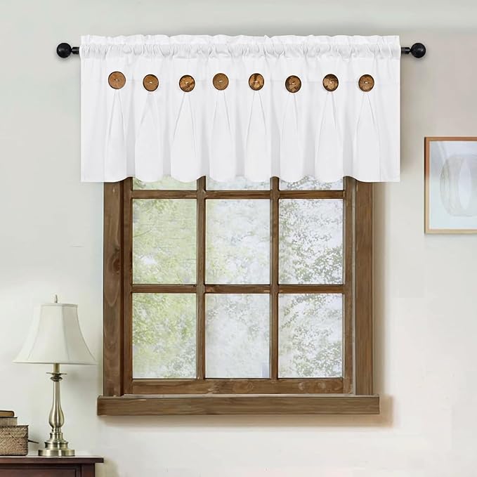 FRAMICS Farmhouse Valance Curtains, Boho Cotton Linen Kitchen Valance, White Rustic Button Window Valances for Kitchen Bathroom Bedroom, Country Rod Pocket Valances for Windows, White, 52 x 18 Inch