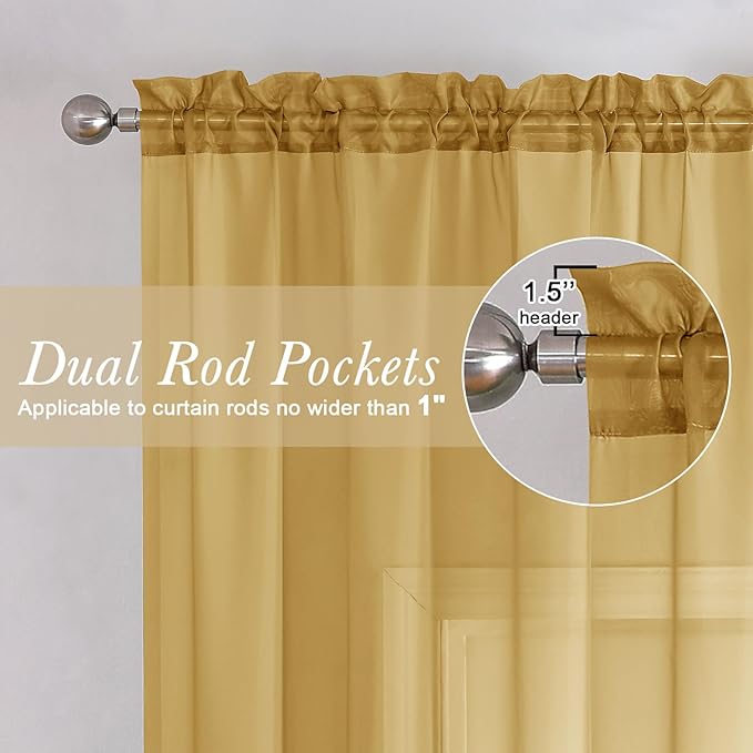 Lecloud Gold Sheer Curtains 90 Inches Long 2 Panels, Breathable Solid Voile Light Filtering Curtain, Lightweight Home Decor Drapes with Rod Pocket for Bedroom Living Room, Each 42" W x 90" L