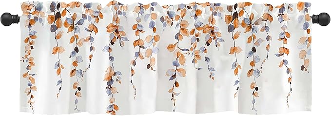 Watercolor Fall Leaves Window Valance for Bedroom Living Room, Orange Leaf Vine Plant Curtains Valanes for Windows, 3" Rod Pocket Window Treatment for Autumn Home Decorations, 54 x 18 Inch, 1 Panel