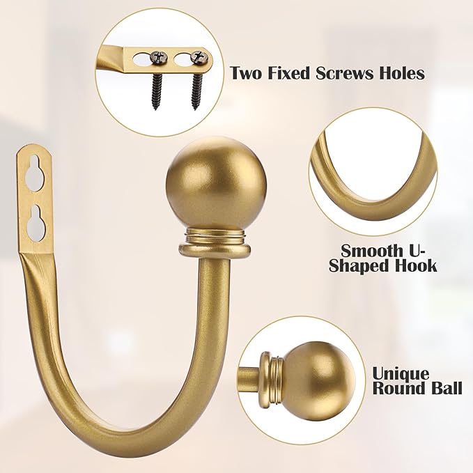 Sumnacon Set of 2 Decorative Curtain Holdbacks, Wall Mounted Aluminum Alloy Window Drapery Tiebacks for Bedroom, Livingroom Office Come with Screws, Gold