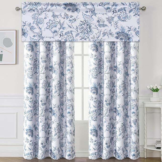 H.VERSAILTEX Blackout Curtain Valances for Kitchen Window/Living Room/Bathroom Privacy Added Rod Pocket Home Decoration Winow Valance, 52" W x 18" L, Floral in Storm Blue (Pack of 4)