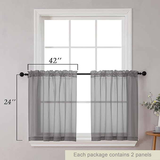 Kitchen Curtains 24 Inch Length Tier 2 Pieces, Grey Sheer Curtain Solid Soft Sheer Short Curtains for Windows, Cafe Bathroom Basement Rod Pocket Drapes, Grey, Each 42" Wx24 L Inch
