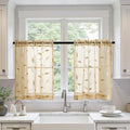 MIULEE Khaki Sheer Curtains 2 Panels Embroidered Leaf Patterned Rod Pocket Floral Semi Sheer Faux Linen Short Window Curtains Drapes Set for Kitchen Bathroom Cafe, 30x24 Inches Length