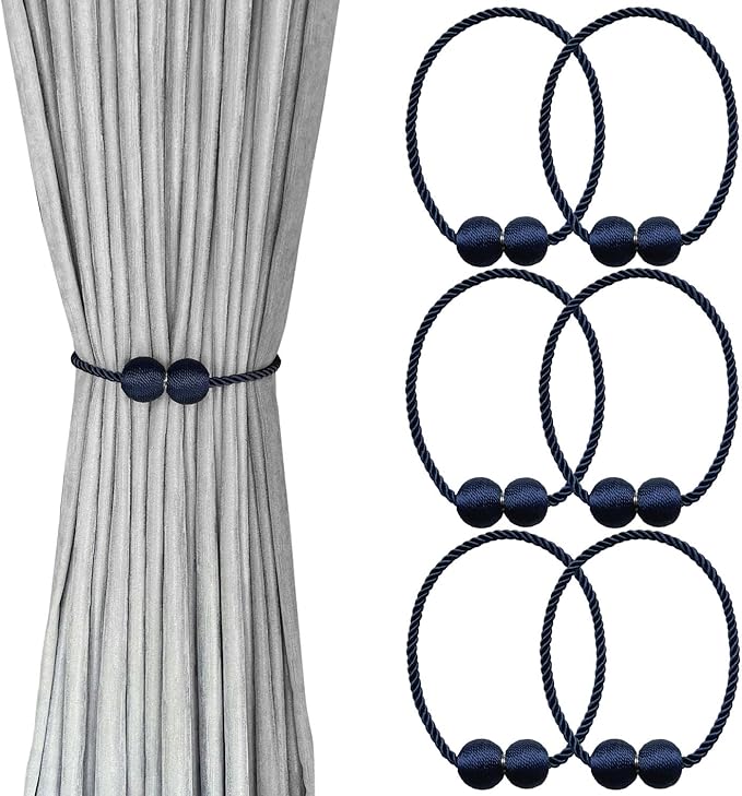 Melaluxe 6 Pack Magnetic Curtain Tiebacks, Decorative Curtain Holdbacks for Window Décor (Navy Blue)