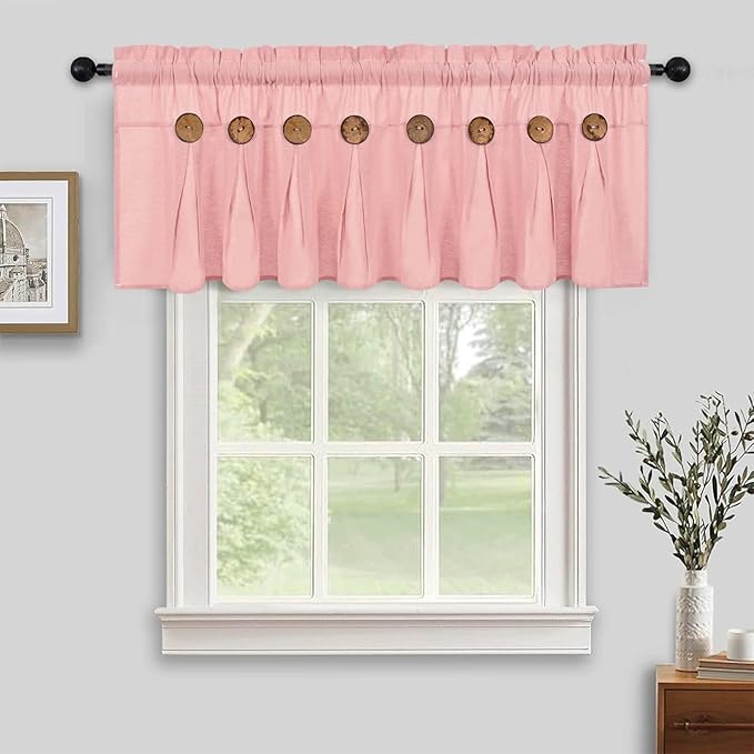 FRAMICS Farmhouse Valance Curtains, Boho Cotton Linen Kitchen Valance, Pink Rustic Button Window Valances for Kitchen Bathroom, Country Rod Pocket Valances for Windows, Pink, 52 x 18 Inch