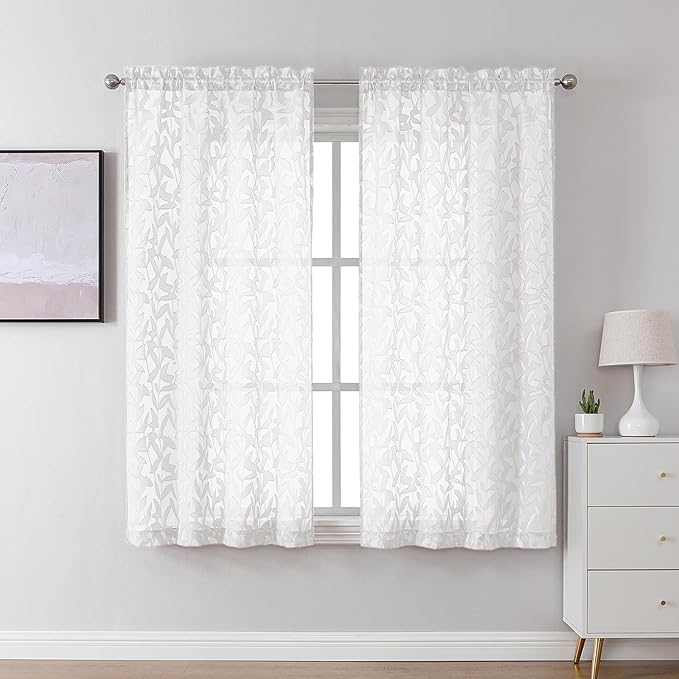 Lecloud Leia White Sheer Curtains 45 Inch Length 2 Panels, Elegant Balance Light & Privacy Jacquard Textured Leaf Voile Curtains, Dual Rod Pockets Drapes for Bedroom Living Room, 28" W x 45" L