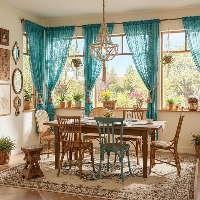 WAZZIO Boho Lace Curtains 2 Panels 96 Inch -Victorian Sheer Panel Drape French Country Floral Pattern & Tassel Light Filtering Privacy for Bedroom Dining Living Room,Coastal Decor,Teal,W52x L96
