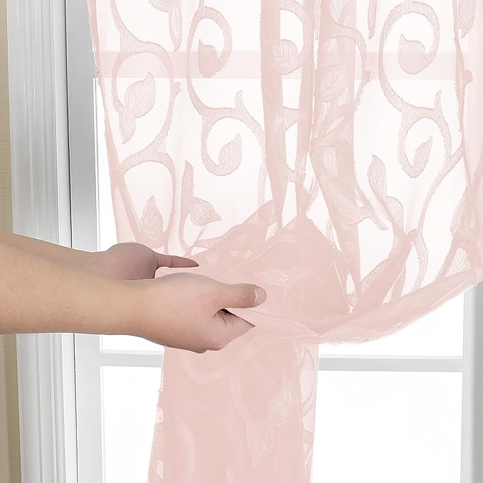 OWENIE Furman Blush Pink Sheer Curtains 36 inch Length 2 Panels Set for Bedroom Living Room Small Windows, Airy Soft Elegant Jacquard Textured Kitchen Curtains Tier, Each 28Wx36L inch