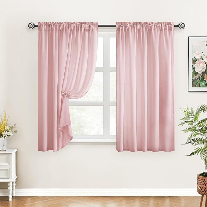 HOMEIDEAS Non-See-Through Light Pink Privacy Sheer Curtains, 52 X 54 Inches Long 2 Panels Sheer Curtains Light Filtering Window Drapes for Bedroom Living Room