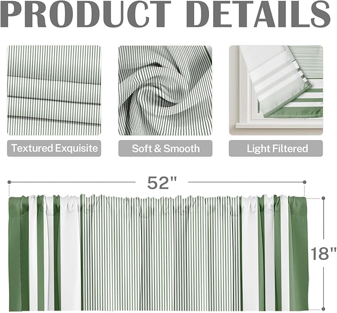 Emvency 2 Pack Valances Window Treatments, Striped Modern Green Farmhouse Minimalist Drapes Adjustable Curtain for Windows Living Room Kitchen Over Sink, 52x18 Inch Rod Pocket Valances