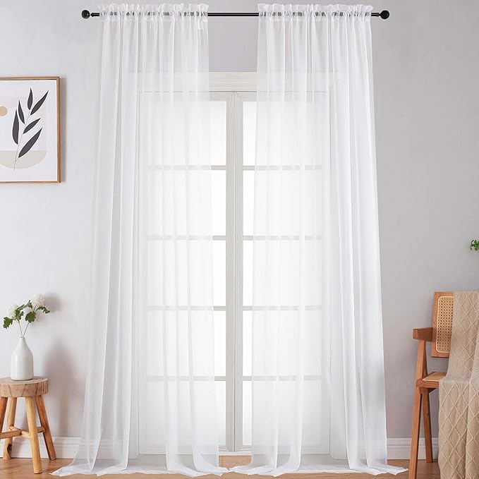 Extra Long Sheer White Curtains for Bedroom Living Room 120 Inches Long 2 Panels Set, Solid Soft Light Filtering Rod Pocket Sheer Window Curtains, White, Each 59" Wx120 L Inch