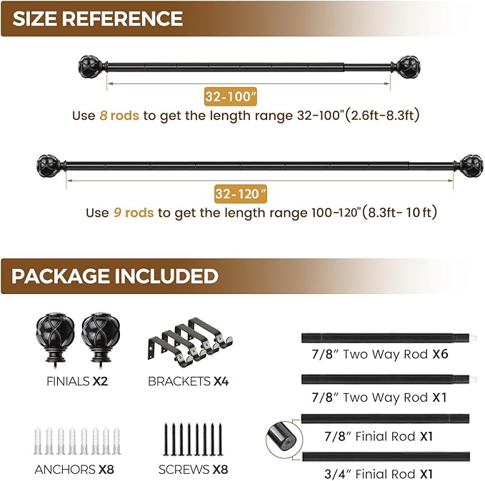 KAMANINA Curtain Rods for Windows 66 to 120 Inch, 7/8 Inch Black Heavy Duty Curtain Rod 32 to 120 (2.6-10ft), Adjustable Decorative Drapery Rods with Netted Texture End