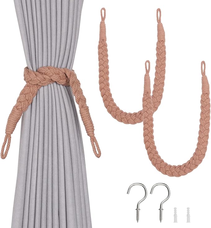 NICEEC 2 Pack Natural Cotton Rope Curtain Tiebacks Elegant Boho Style Decorative Drape Tie Backs Soft Hand-Woven Rope Curtain Holdbacks with Metal Hook for Home & Office Drapery (Reddish Brown)